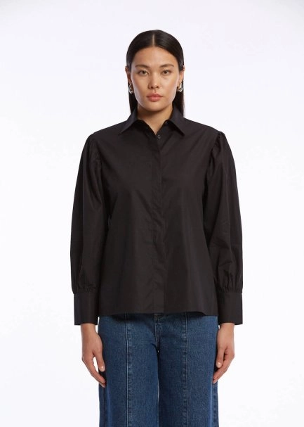 GATHERED DETAILED PURE COTTON BLACK SHIRT - 1