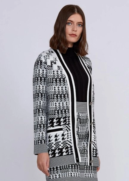 Houndstooth Patterned Black White Knit Cardigan - 4