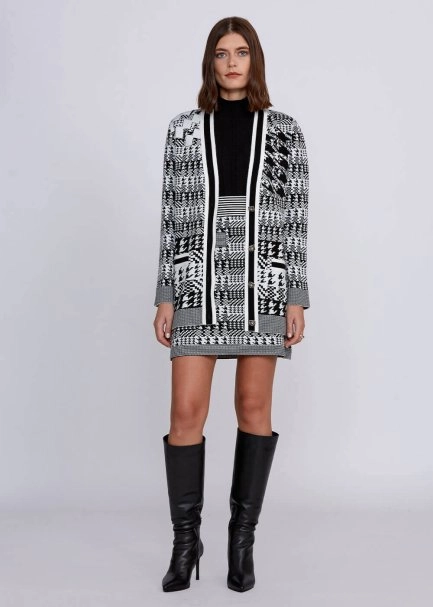 Houndstooth Patterned Black White Knit Cardigan - 5