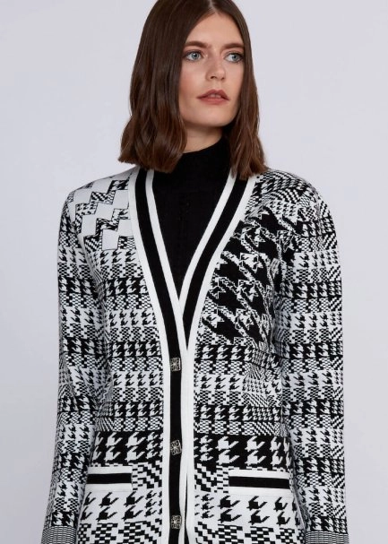 Houndstooth Patterned Black White Knit Cardigan - 7