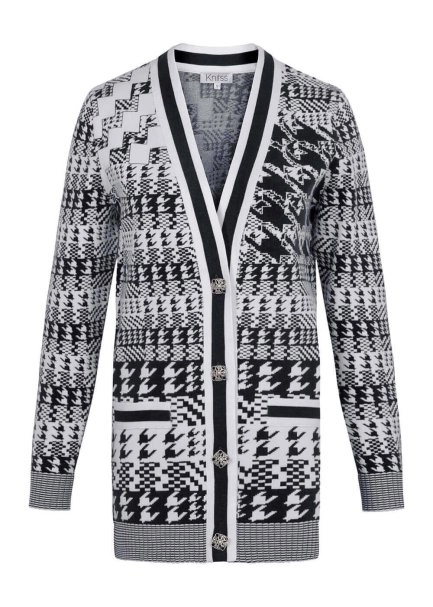 Houndstooth Patterned Black White Knit Cardigan - 8