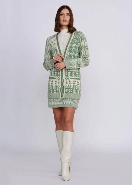 Houndstooth Patterned Jade Cream Knit Cardigan - 2