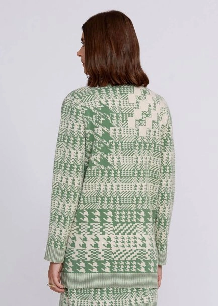 Houndstooth Patterned Jade Cream Knit Cardigan - 3