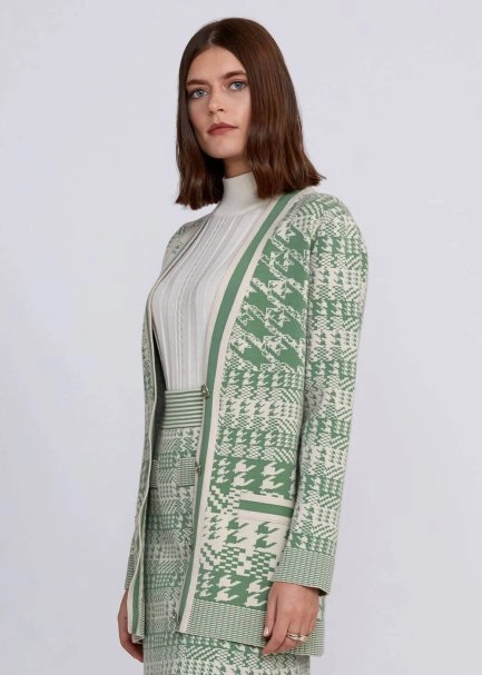 Houndstooth Patterned Jade Cream Knit Cardigan - 4