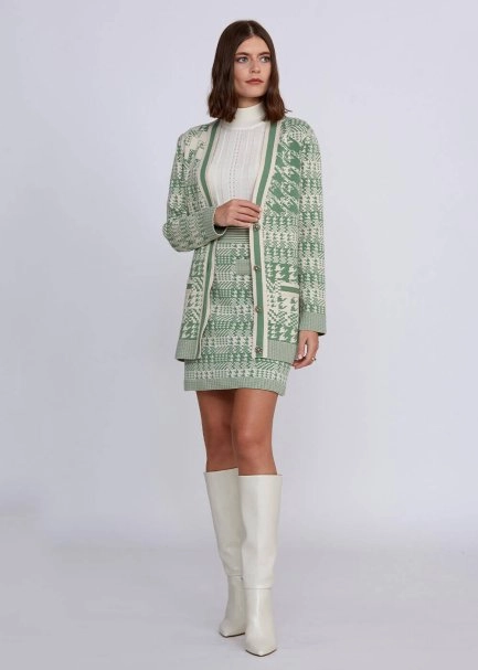 Houndstooth Patterned Jade Cream Knit Cardigan - 5