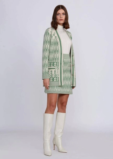 Houndstooth Patterned Jade Cream Knit Cardigan - 6