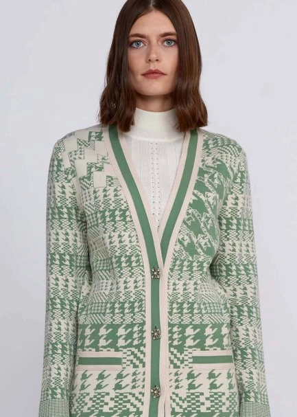 Houndstooth Patterned Jade Cream Knit Cardigan - 7