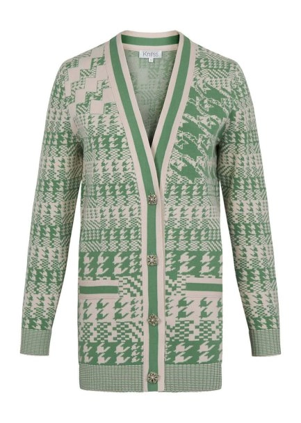 Houndstooth Patterned Jade Cream Knit Cardigan - 8