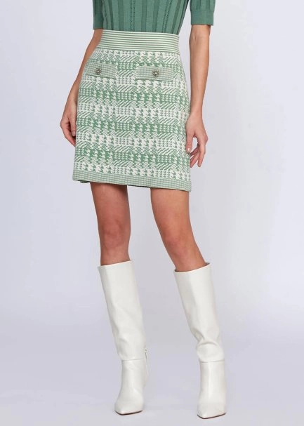 Houndstooth Patterned Jade Cream Knit Skirt - 1