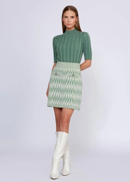 Houndstooth Patterned Jade Cream Knit Skirt - 2