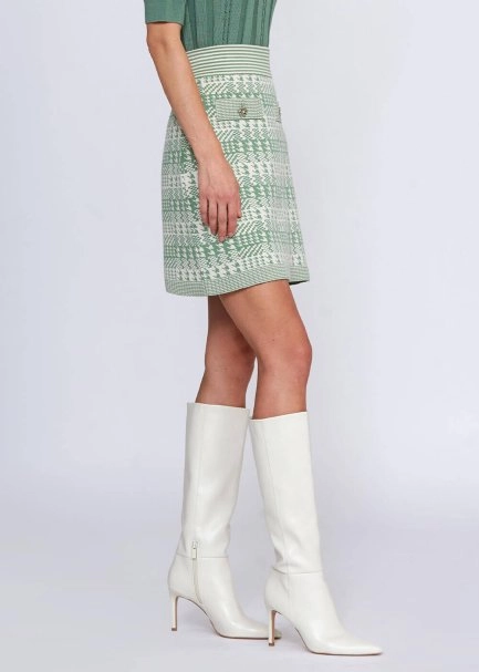 Houndstooth Patterned Jade Cream Knit Skirt - 4