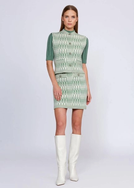 Houndstooth Patterned Jade Cream Knit Skirt - 5