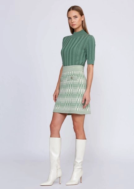 Houndstooth Patterned Jade Cream Knit Skirt - 6