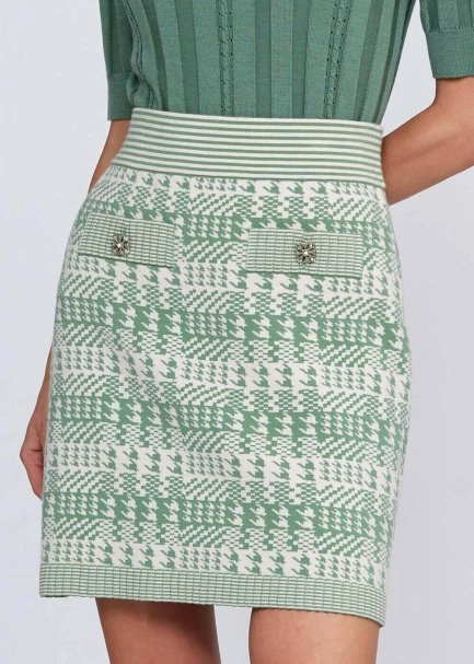 Houndstooth Patterned Jade Cream Knit Skirt - 7