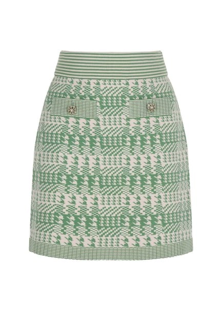 Houndstooth Patterned Jade Cream Knit Skirt - 8