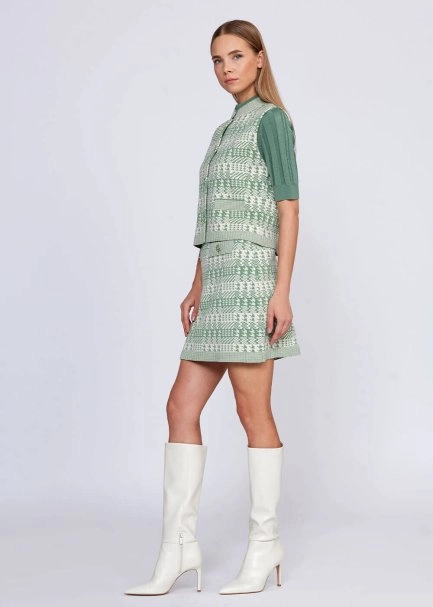 Houndstooth Patterned Jade Cream Knit Vest - 2