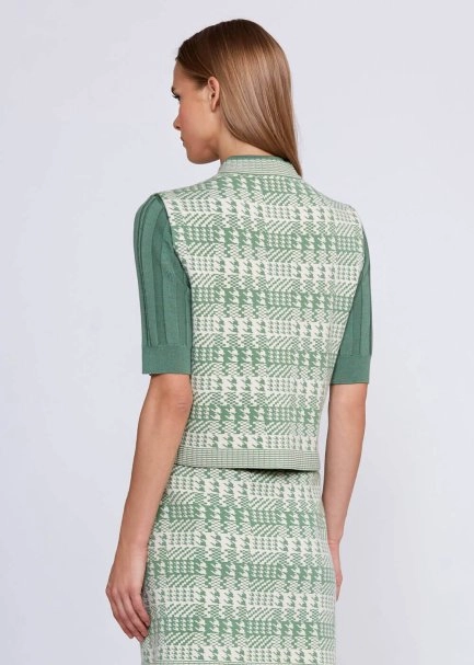 Houndstooth Patterned Jade Cream Knit Vest - 3