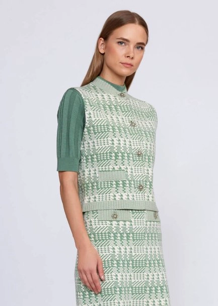Houndstooth Patterned Jade Cream Knit Vest - 4