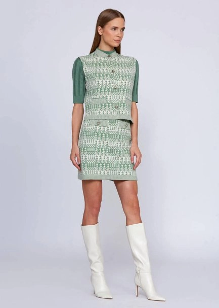 Houndstooth Patterned Jade Cream Knit Vest - 6