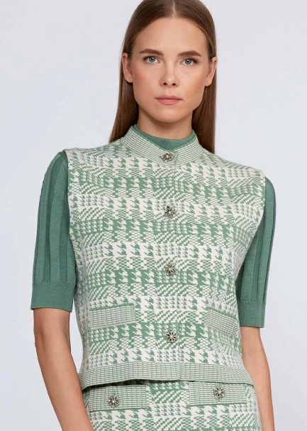 Houndstooth Patterned Jade Cream Knit Vest - 7