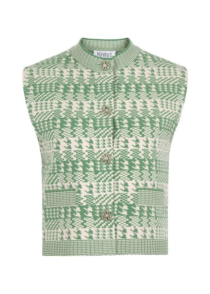Houndstooth Patterned Jade Cream Knit Vest - 8