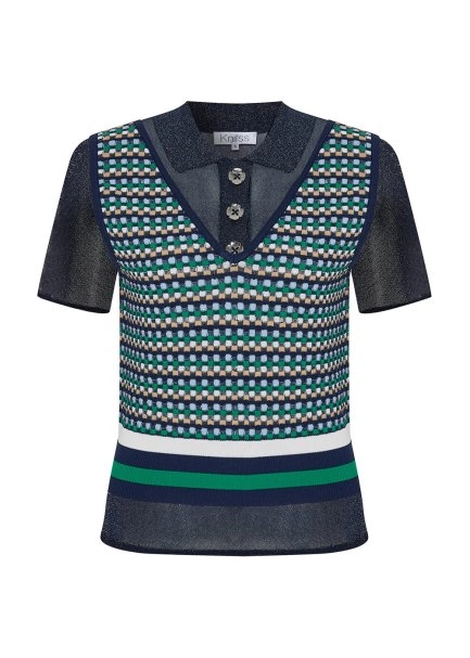 GEOMETRIC PATTERNED NAVY KNIT TOP - 6