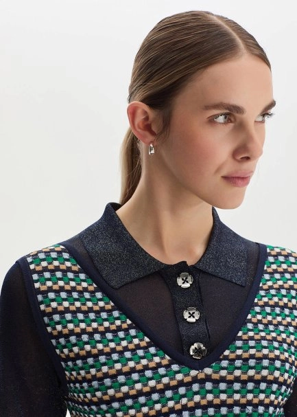 GEOMETRIC PATTERNED NAVY KNIT TOP - 3