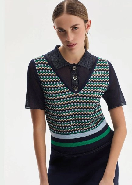 GEOMETRIC PATTERNED NAVY KNIT TOP - 4