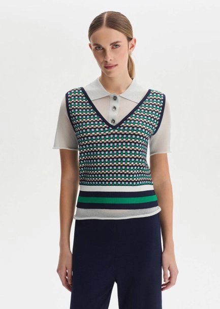 GEOMETRIC PATTERNED WHITE KNIT TOP - 2