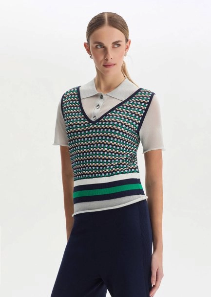 GEOMETRIC PATTERNED WHITE KNIT TOP - 4