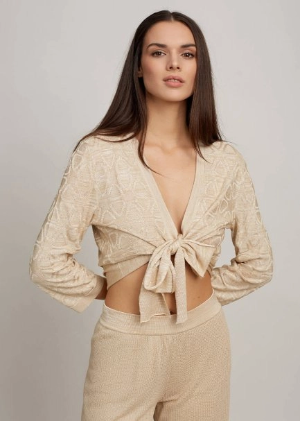 Geometrik Desen Bej Triko Bolero - 1