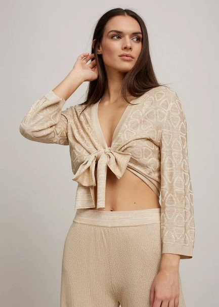 Geometrik Desen Bej Triko Bolero - 5