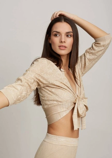 Geometrik Desen Bej Triko Bolero - 6