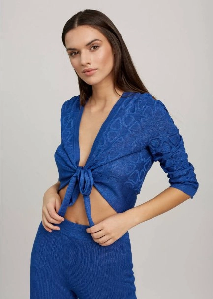 Geometrik Desen Saks Mavisi Triko Bolero - 6