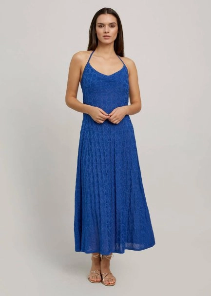 Geometrik Desen Saks Mavisi Uzun Triko Elbise - 1