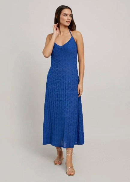 Geometrik Desen Saks Mavisi Uzun Triko Elbise - 2