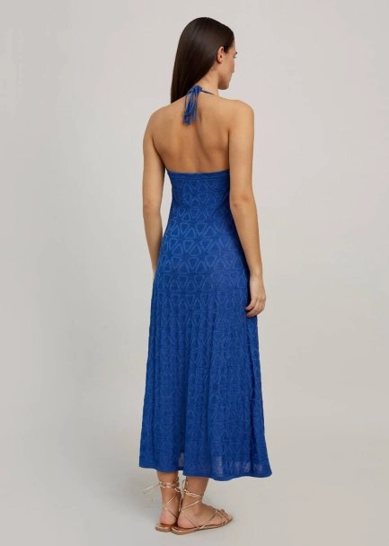 Geometrik Desen Saks Mavisi Uzun Triko Elbise - 3