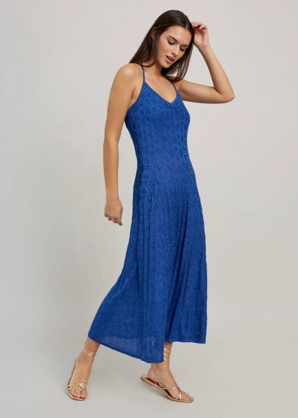 Geometrik Desen Saks Mavisi Uzun Triko Elbise - 4