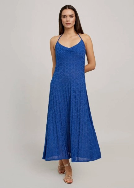 Geometrik Desen Saks Mavisi Uzun Triko Elbise - 5