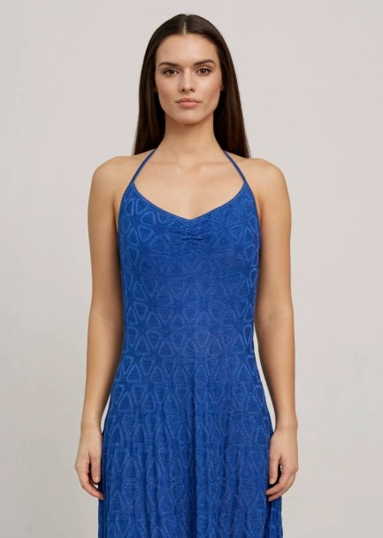 Geometrik Desen Saks Mavisi Uzun Triko Elbise - 7