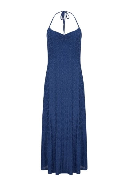 Geometrik Desen Saks Mavisi Uzun Triko Elbise - 8