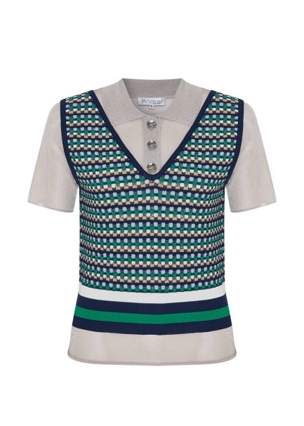 Geometrik Desenli Beyaz Triko Üst - 6