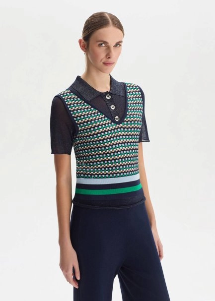 Geometrik Desenli Lacivert Triko Üst - 1