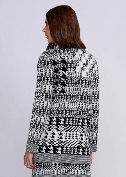 Geometrik Kaz Ayağı Desenli Siyah Beyaz Triko Hırka - 3