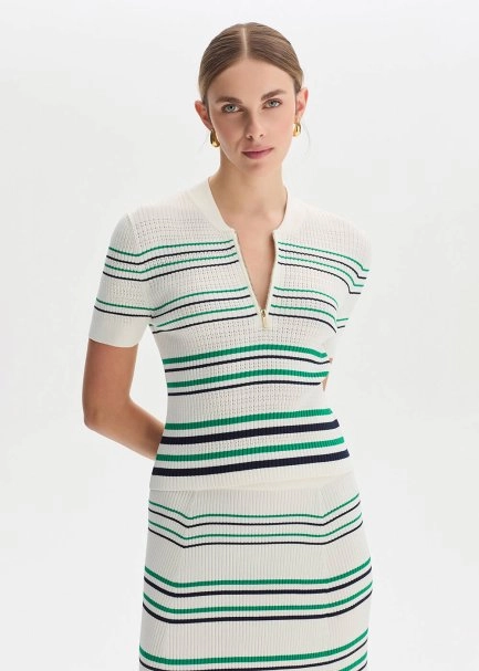 GREEN NAVY STRIPE ECRU KNIT TOP - 1