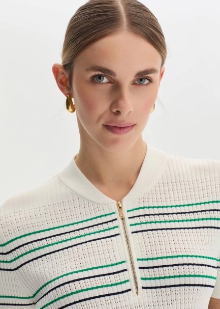 GREEN NAVY STRIPE ECRU KNIT TOP - 2