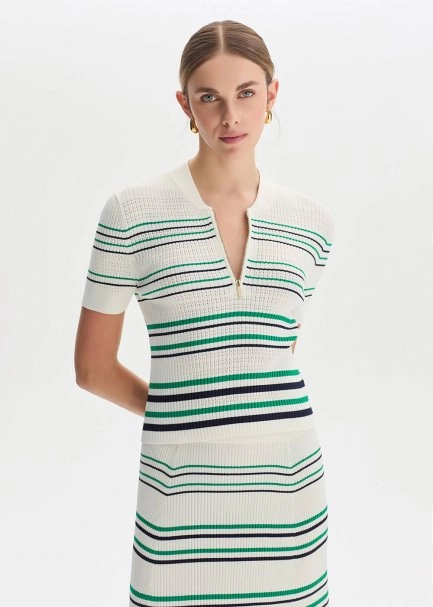 GREEN NAVY STRIPE ECRU KNIT TOP - 1