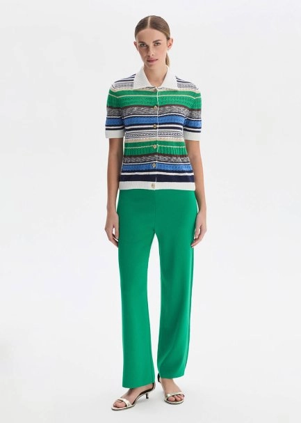 GREEN RIBBED DETAILED KNIT PANTS - 1