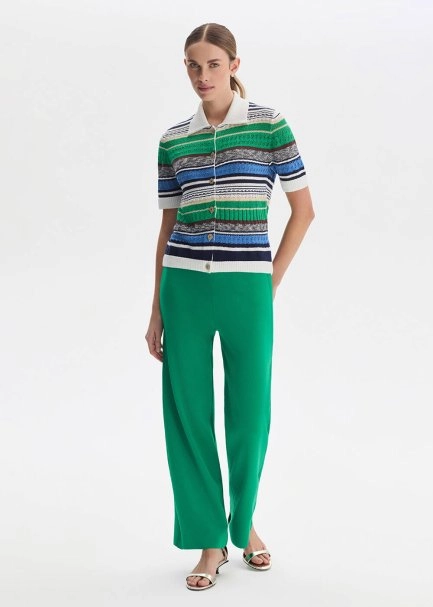 GREEN RIBBED DETAILED KNIT PANTS - 1