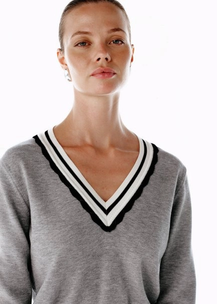 GREY CONTRAST STRIPED V NECK SWEATER - 1